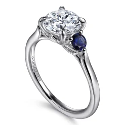New Gabriel & Co. Madison - 14K White Gold Round Three Stone Lotus Sapphire and Diamond Engagement Ring