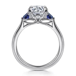 New Gabriel & Co. Madison - 14K White Gold Round Three Stone Lotus Sapphire and Diamond Engagement Ring