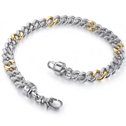 New Gabriel & Co. 7mm 925 Sterling Silver and 14K Yellow Gold Men's Solid Cuban Link Chain with Diamond Cut Bracelet