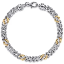 New Gabriel & Co. 7mm 925 Sterling Silver and 14K Yellow Gold Men's Solid Cuban Link Chain with Diamond Cut Bracelet