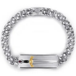 Sale Gabriel & Co. 8mm 925 Sterling Silver and 14K Yellow Gold Garnet Men's Solid Cuban Link Chain Bracelet With Dagger ID