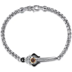 Gabriel & Co. 14mm 925 Sterling Silver and 14K Yellow Gold Garnet and White Sapphire Men's Solid Round Box Chain Bracelet With Dagger