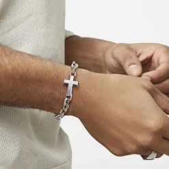 Best Gabriel & Co. 19mm 925 Sterling Silver Men's Mix Faceted Link Chain Bracelet with Cross