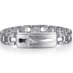 Best Gabriel & Co. 10mm 925 Sterling Silver Solid Herringbone Chain Men's Bracelet With Dagger ID