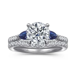 Gabriel & Co. Monty - 14K White Gold Round Three Stone Lotus Diamond and A Quality Sapphire Engagement Ring