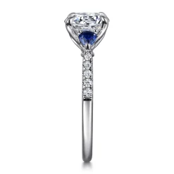 Gabriel & Co. Monty - 14K White Gold Round Three Stone Lotus Diamond and A Quality Sapphire Engagement Ring
