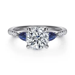 Gabriel & Co. Monty - 14K White Gold Round Three Stone Lotus Diamond and A Quality Sapphire Engagement Ring