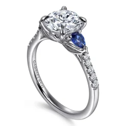 Gabriel & Co. Monty - 14K White Gold Round Three Stone Lotus Diamond and A Quality Sapphire Engagement Ring