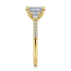 New Gabriel & Co. Monty - 14K Yellow Gold Emerald Cut Three Stone Lotus Diamond Engagement Ring