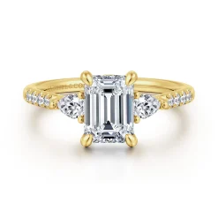 New Gabriel & Co. Monty - 14K Yellow Gold Emerald Cut Three Stone Lotus Diamond Engagement Ring