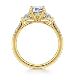New Gabriel & Co. Monty - 14K Yellow Gold Emerald Cut Three Stone Lotus Diamond Engagement Ring