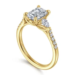 New Gabriel & Co. Monty - 14K Yellow Gold Emerald Cut Three Stone Lotus Diamond Engagement Ring