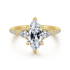 Hot Gabriel & Co. Monty - 14K Yellow Gold Marquise Shape Three Stone Lotus Diamond Engagement Ring