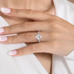 Best Gabriel & Co. Moon - 14K White Gold Oval Three Stone Lotus Diamond Engagement Ring