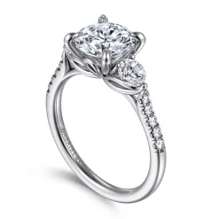 Best Gabriel & Co. Moon - 14K White Gold Round Three Stone Lotus Diamond Engagement Ring