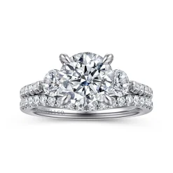 Best Gabriel & Co. Moon - 14K White Gold Round Three Stone Lotus Diamond Engagement Ring
