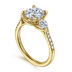 Discount Gabriel & Co. Moon - 14K Yellow Gold Round Three Stone Lotus Diamond Engagement Ring