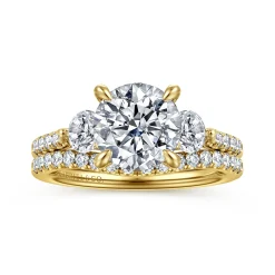 Discount Gabriel & Co. Moon - 14K Yellow Gold Round Three Stone Lotus Diamond Engagement Ring