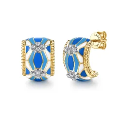 Discount Gabriel & Co. Mosaic - 14K White and Yellow Gold Bujukan Diamond J Hoop Earrings with Blue and Dust Blue and White Enamel