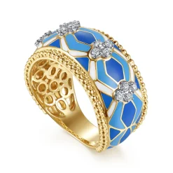 Outlet Gabriel & Co. Mosaic - 14K White and Yellow Gold Bujukan Diamond Wide Band with Blue and Dust Blue and White Enamel