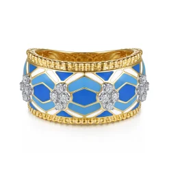 Outlet Gabriel & Co. Mosaic - 14K White and Yellow Gold Bujukan Diamond Wide Band with Blue and Dust Blue and White Enamel