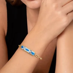 Online Gabriel & Co. Mosaic - 14K White and Yellow Gold Bujukan Diamond Bracelet with Blue and Dust Blue and White Enamel