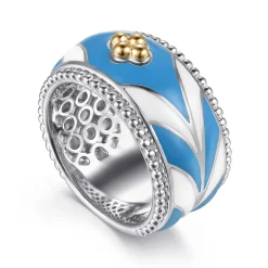 Best Gabriel & Co. Mosaic - 14K Yellow Gold and 925 Sterling Silver Bujukan Clover Wide Band Ring with White and Dusk Blue Enamel
