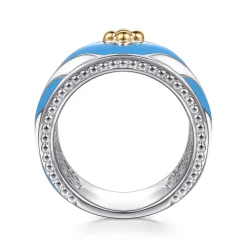 Best Gabriel & Co. Mosaic - 14K Yellow Gold and 925 Sterling Silver Bujukan Clover Wide Band Ring with White and Dusk Blue Enamel