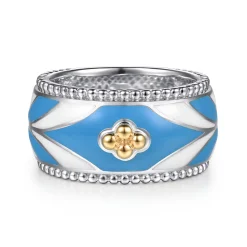 Best Gabriel & Co. Mosaic - 14K Yellow Gold and 925 Sterling Silver Bujukan Clover Wide Band Ring with White and Dusk Blue Enamel