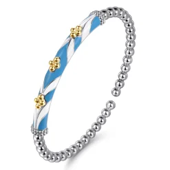 Best Gabriel & Co. Mosaic - 14K Yellow Gold and 925 Sterling Silver Bujukan Clover Cuff Bangle Bracelet with White and Dusk Blue Enamel