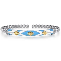 Best Gabriel & Co. Mosaic - 14K Yellow Gold and 925 Sterling Silver Bujukan Clover Cuff Bangle Bracelet with White and Dusk Blue Enamel