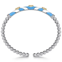 Best Gabriel & Co. Mosaic - 14K Yellow Gold and 925 Sterling Silver Bujukan Clover Cuff Bangle Bracelet with White and Dusk Blue Enamel