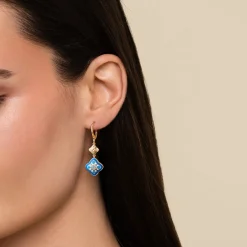 Sale Gabriel & Co. Mosaic - 14K Yellow Gold Bujukan Blue Topaz Clover Drop Earrings with Blue Dusk Blue and White Enamel