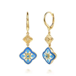Sale Gabriel & Co. Mosaic - 14K Yellow Gold Bujukan Blue Topaz Clover Drop Earrings with Blue Dusk Blue and White Enamel