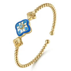 Sale Gabriel & Co. Mosaic - 14K Yellow Gold Bujukan Blue Topaz Floral Split Bangle Bracelet with Blue Dusk Blue and White Enamel