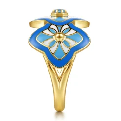 Best Gabriel & Co. Mosaic - 14K Yellow Gold Bujukan Blue Topaz Floral Wide Band with Blue Dusk Blue and White Enamel