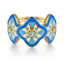 Best Gabriel & Co. Mosaic - 14K Yellow Gold Bujukan Blue Topaz Floral Wide Band with Blue Dusk Blue and White Enamel