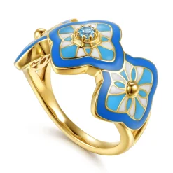 Best Gabriel & Co. Mosaic - 14K Yellow Gold Bujukan Blue Topaz Floral Wide Band with Blue Dusk Blue and White Enamel