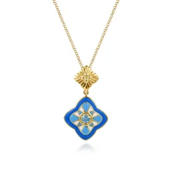 Gabriel & Co. Mosaic - 14K Yellow Gold Bujukan Blue Topaz Clover Pendant Drop Necklace with Blue Dusk Blue and White Enamel