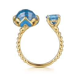 New Gabriel & Co. Mosaic - 14K Yellow Gold Bujukan Blue Topaz Clover Open Ring with Dusk Blue Enamel