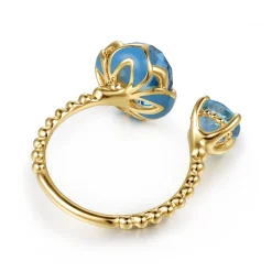 New Gabriel & Co. Mosaic - 14K Yellow Gold Bujukan Blue Topaz Clover Open Ring with Dusk Blue Enamel
