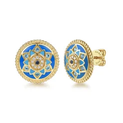 Hot Gabriel & Co. Mosaic - 14K Yellow Gold Bujukan Diamond Blue Sapphire and Blue Topaz Stud Earrings with Dusk Blue and Blue Enamel