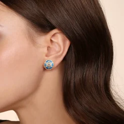 Hot Gabriel & Co. Mosaic - 14K Yellow Gold Bujukan Diamond Blue Sapphire and Blue Topaz Stud Earrings with Dusk Blue and Blue Enamel