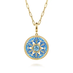 Gabriel & Co. Mosaic - 14K Yellow Gold Bujukan Diamond and Blue Topaz Medallion with Blue and Dust Blue and White Enamel