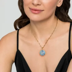 Gabriel & Co. Mosaic - 14K Yellow Gold Bujukan Diamond and Blue Topaz Medallion with Blue and Dust Blue and White Enamel