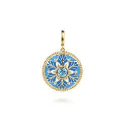 Gabriel & Co. Mosaic - 14K Yellow Gold Bujukan Diamond and Blue Topaz Medallion with Blue and Dust Blue and White Enamel