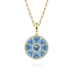 Sale Gabriel & Co. Mosaic - 14K Yellow Gold Bujukan Diamond and Blue Topaz Medallion with Blue and Dust Blue and White Enamel