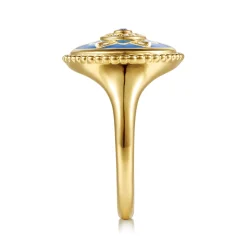 Outlet Gabriel & Co. Mosaic - 14K Yellow Gold Bujukan Diamond Blue Sapphire and Blue Topaz Signet Ring with Dusk Blue and Blue Enamel