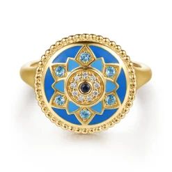 Outlet Gabriel & Co. Mosaic - 14K Yellow Gold Bujukan Diamond Blue Sapphire and Blue Topaz Signet Ring with Dusk Blue and Blue Enamel