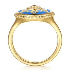 Outlet Gabriel & Co. Mosaic - 14K Yellow Gold Bujukan Diamond Blue Sapphire and Blue Topaz Signet Ring with Dusk Blue and Blue Enamel